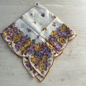 Vintage cotton, linen, floral, handkerchief, yellow, & purple w/ scalloped edge